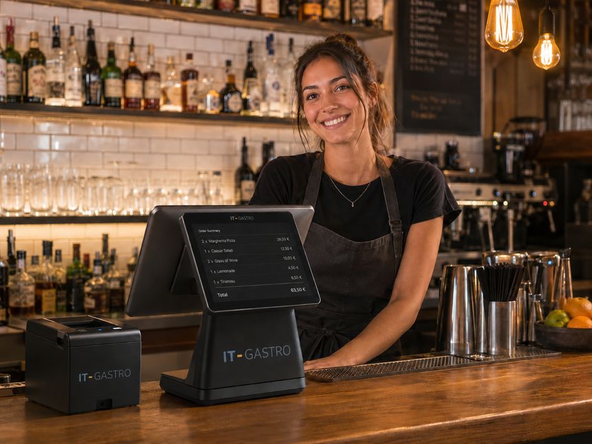 Kassensystem und Bondrucker auf dem Tresen einer Bar